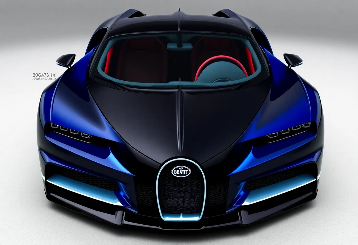 Bugatti Chiron, hypercar bleu foncé et noir, vue de trois-quarts avant